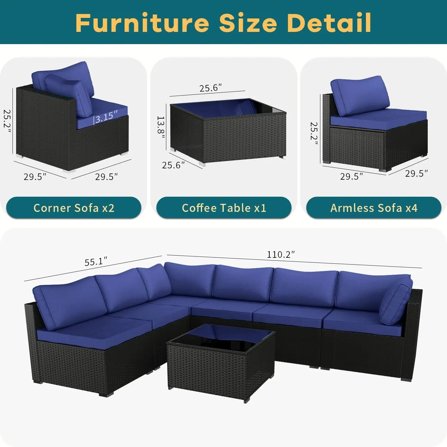 Set furnitur teras 7 buah, furnitur anyaman rotan bagian luar ruangan dengan bantal dan meja kaca, Set percakapan teras