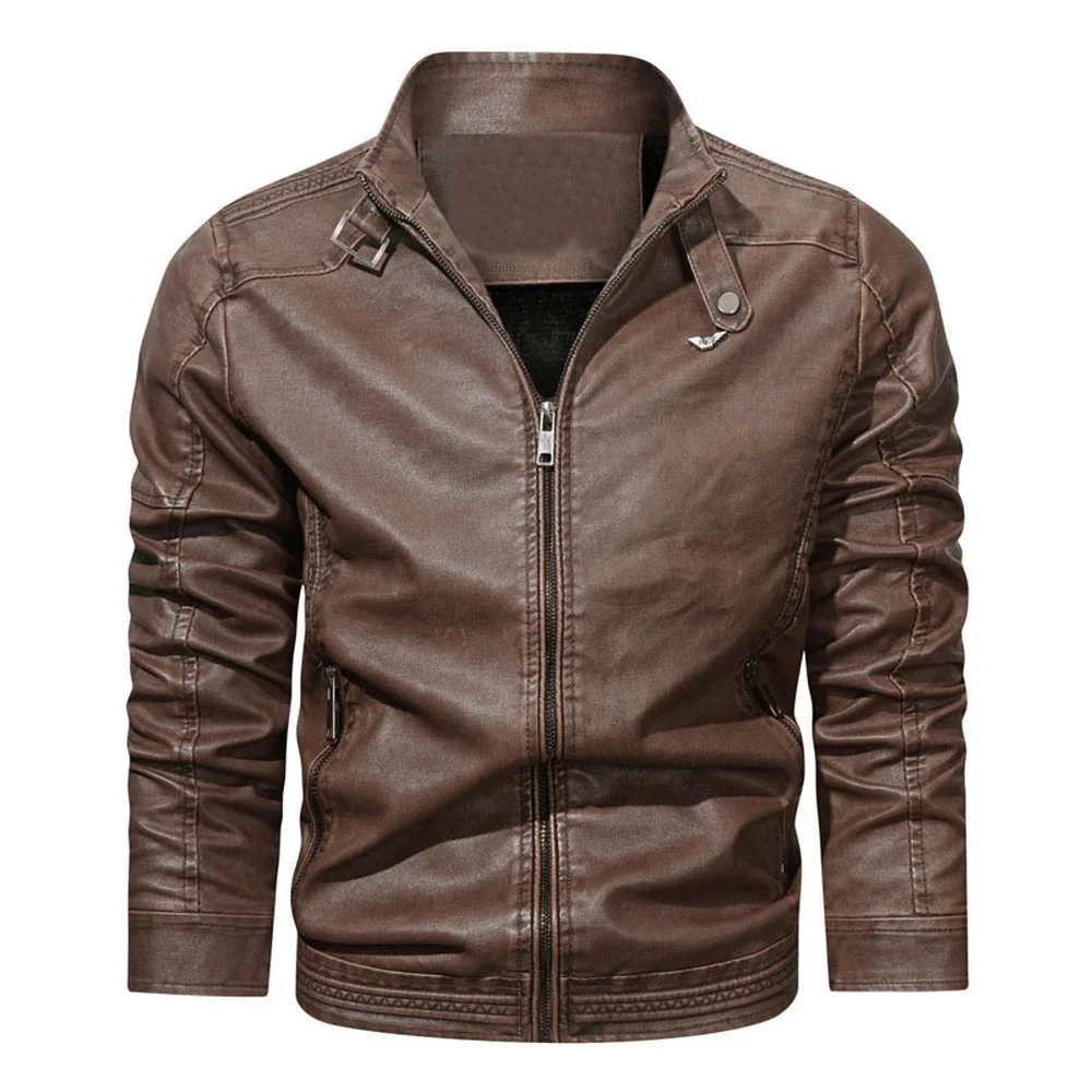 

Pop Leather Jacket Men Winter Motorcycle PU Leather Jacket Mens Stand Collar Casual Windbreaker Slim Coat