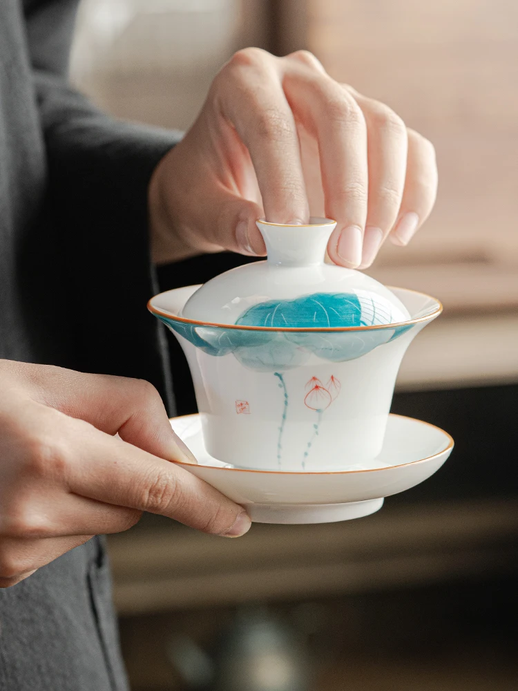 

Hand-Painted White Porcelain Tea Bowl Large Capaci Cerc Tea Set Single Cup with Tee-Axis Lid Heat-Insulating Yunnan Puer