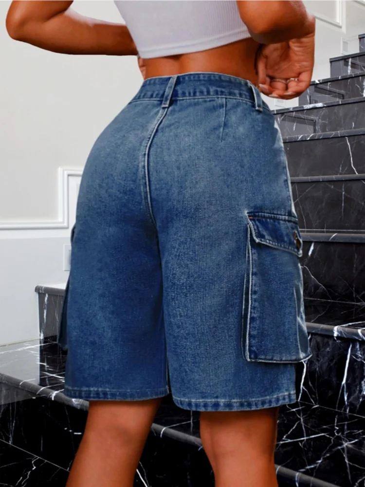 Vintage Blue Denim Shorts Women Summer Casual Loose Jean Multi Pockets Vacation Beach Streetwear Trendy Solid Color Shorts