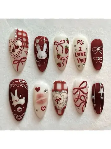 24PCS Wine Red Almond Press on Nails Cartoon Rabbit Bowknot with Plaid Pearl Designs French Fake Nails for Girls Detachable Nail