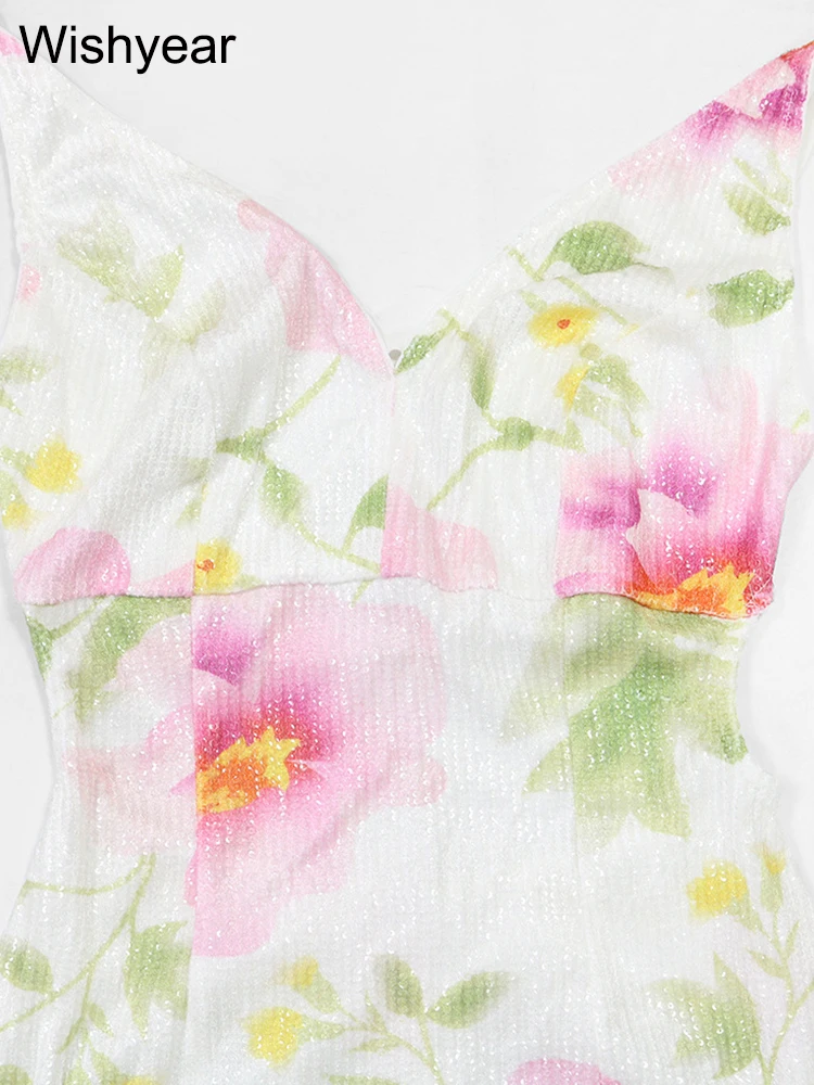 New Flower Print Sequins Spaghetti Strap Sleeveless High Slit Long Dress Woman Sexy Vacation Party Birthday Prom Summer Robe