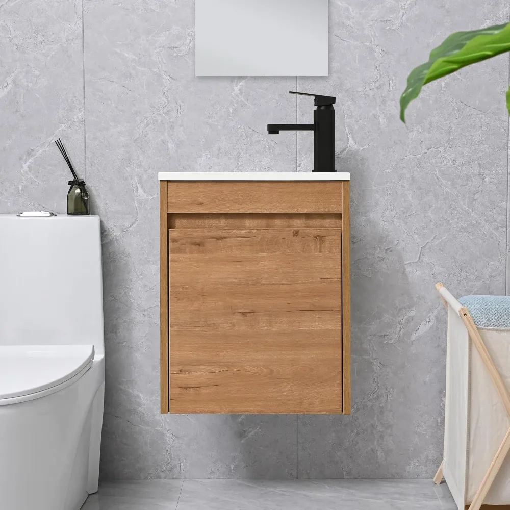 

16" bathroom vanity sink combo for small space, wall mounted bathroom cabinet set with white resin basin sink top black faucet p