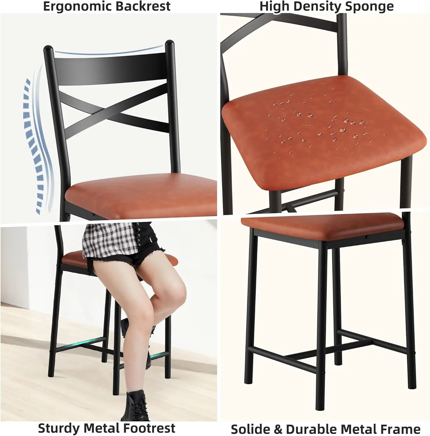 Set of 2 Modern Bar Stools 22" Counter Height - Back & Thick 3" Cushion, Footrest & Seat for Kitchen Island, Water-Resistant