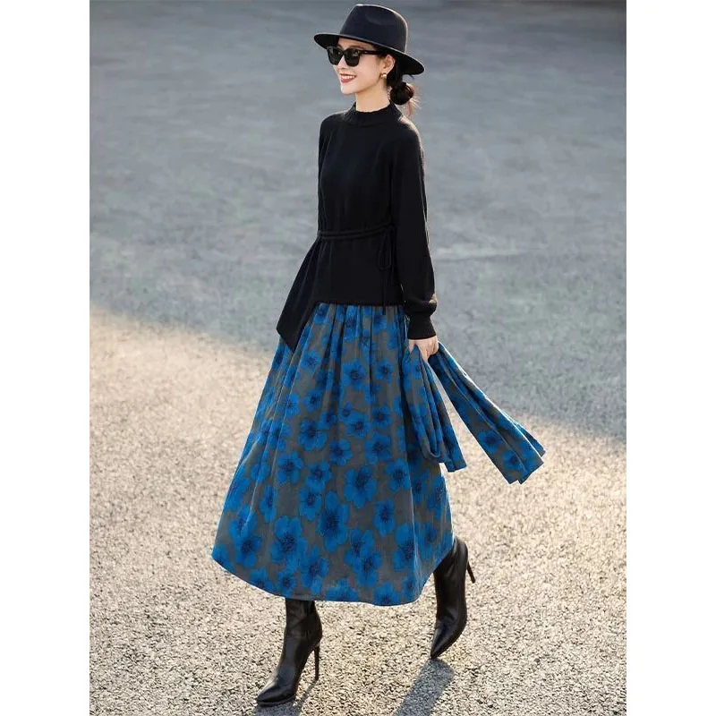 Women Long Blue Floral Skirts New Spring Summer Elastic High Waisted Skirts Fashion Elegant Loose Pleated A-Line Maxi Skirts