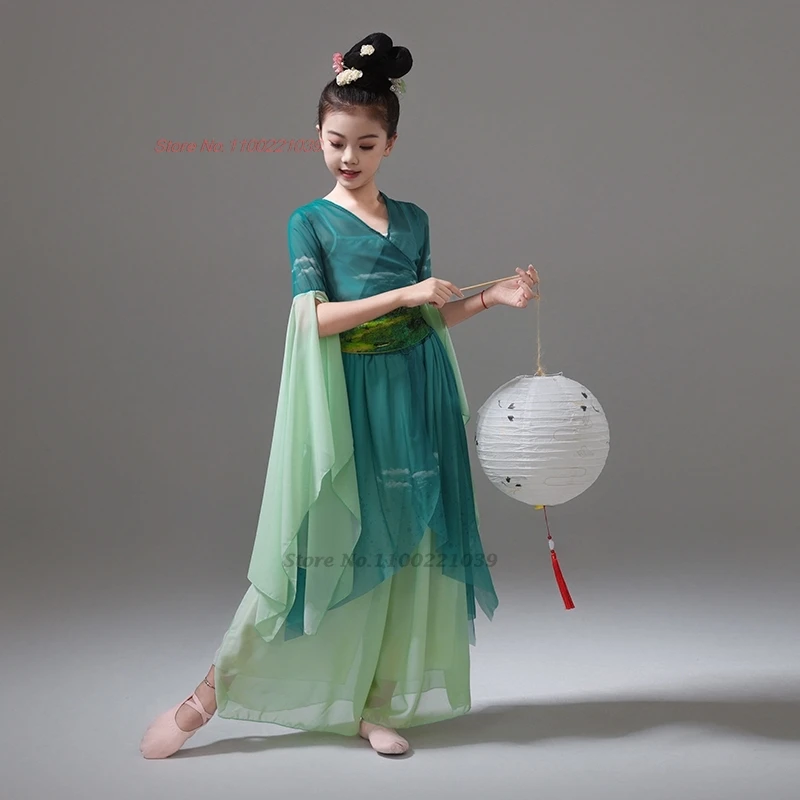 2025年ヴィンテージダンス衣装 伝統的な子供用メッシュ漢服トップス+パンツセット 女の子妖精ドレス トレーニングステージパフォーマンスドレス