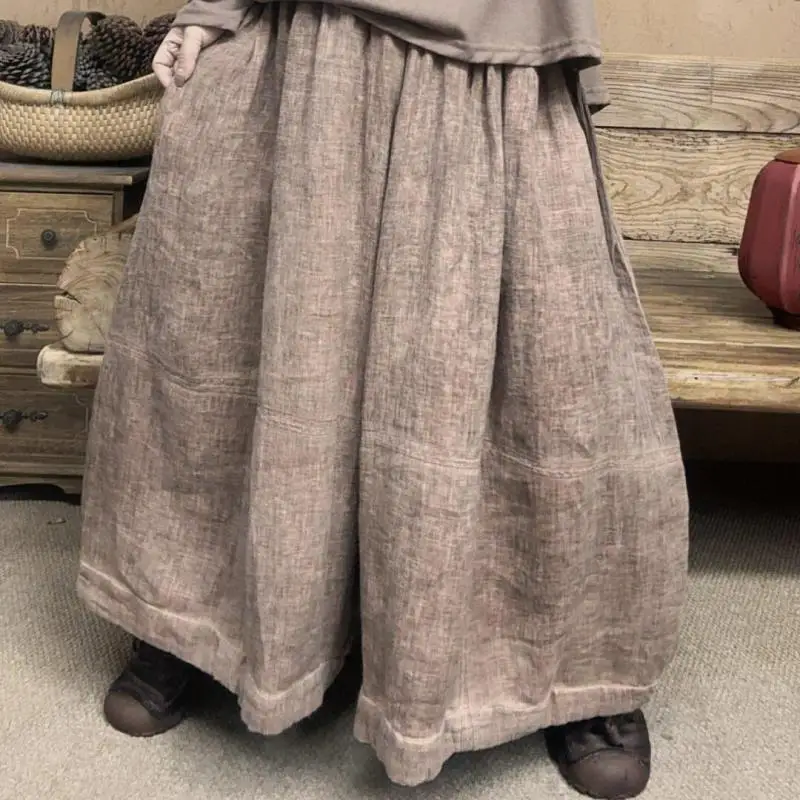 2026 Autumn Winter Style Women Elastic Waist Loose Casual Ankle-length Pants High Quality Thicken Cotton Linen Wide Leg Pants