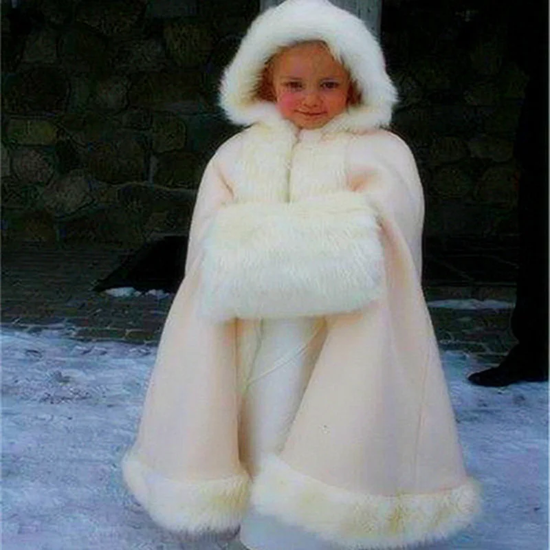 Long Cape for Kids Hooded Wedding Cloak Faux Fur Jacket Winter Kid Outerwear Faux Fur Coat Flower Girl Shawl Children\'s Cloak