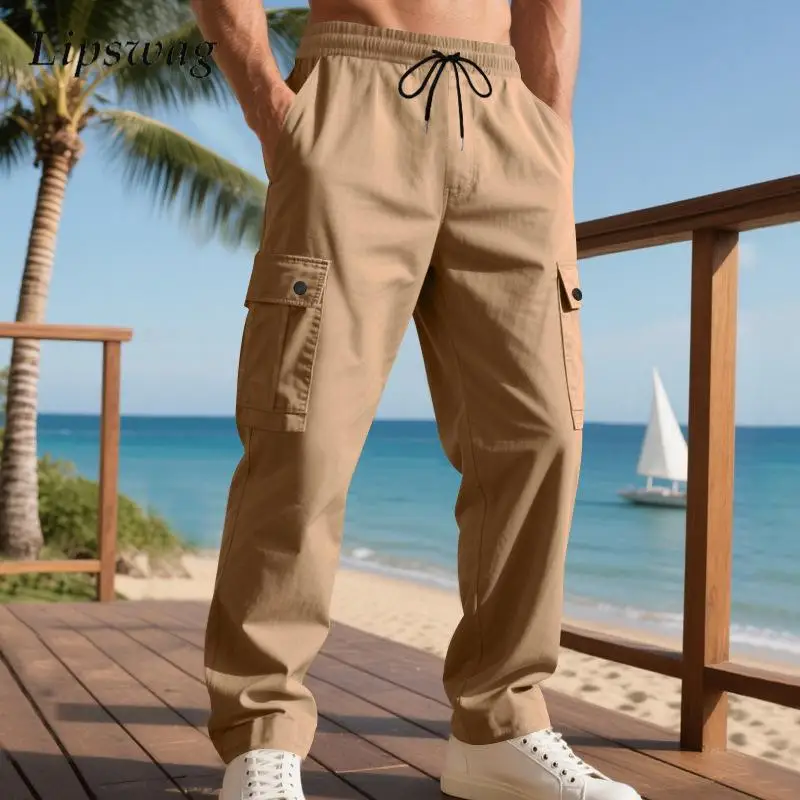 

Уличные повседневные мужские свободные брюки-карго, весенне-осенние модные брюки с несколькими карманами на шнурке, мужские винтажные однотонные брюки