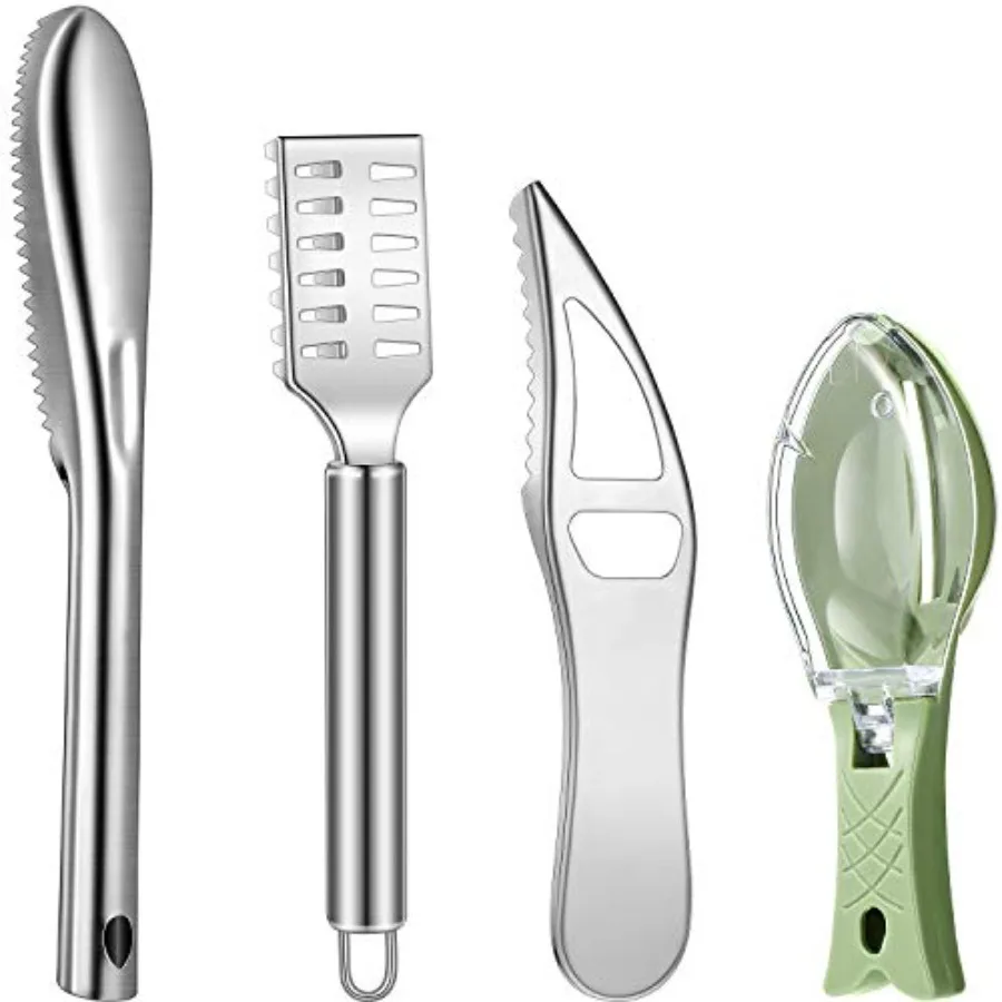

4 Pcs Fish Scaler Remover Stainless Steel Fish Skin Scraper Grater Multi-functional Kitchen Peeler Scaler with Bottle O