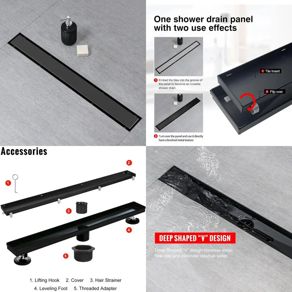 

Linear 40 Inch Shower Drain, Black, with Flat and Tile Insert, 2-in-1 Panel, 304 Stainless Steel, Black Linear Shower Drain Long
