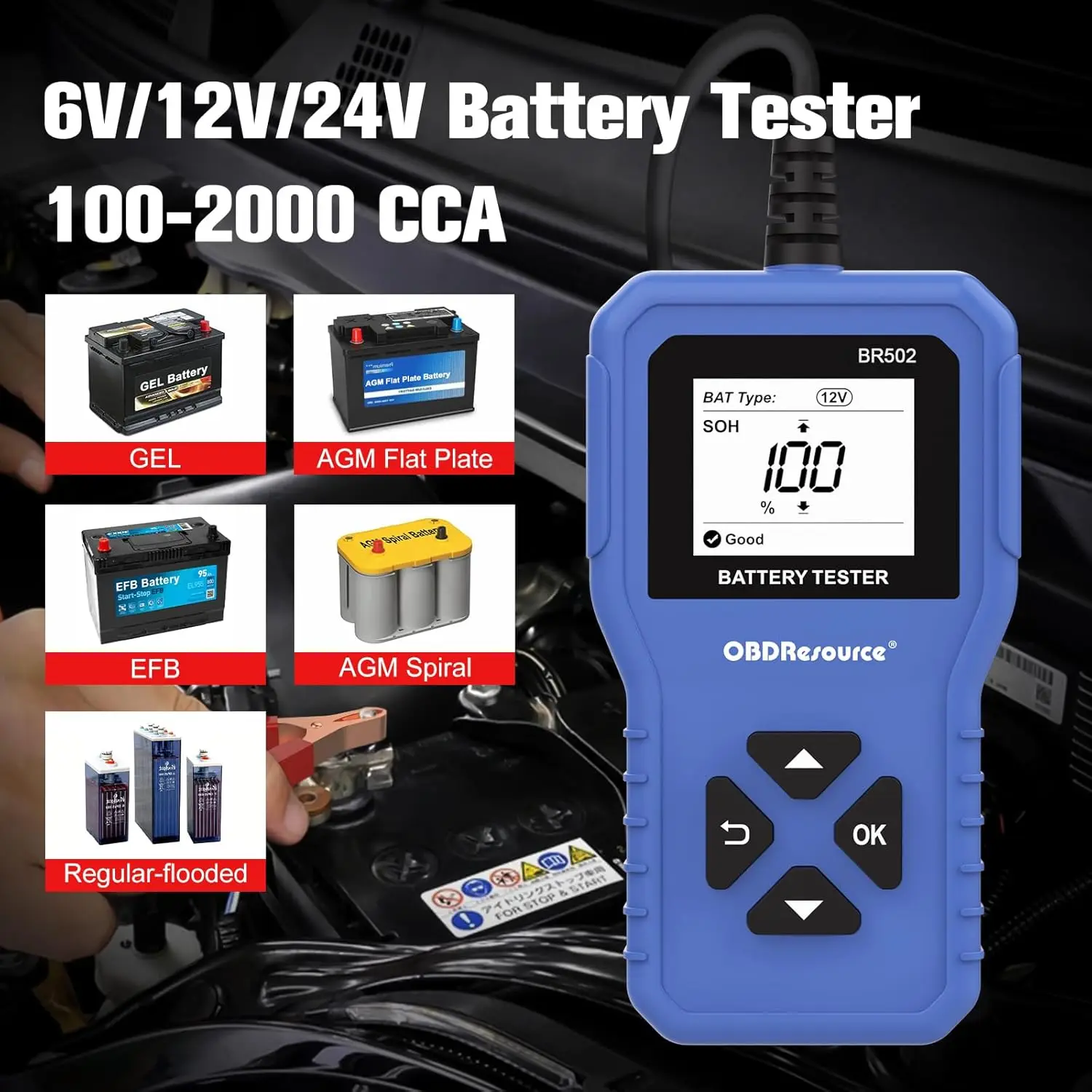 Car Battery Tester 6V 12V 24V Battery System Detect 100-2000 CCA 2Ah-220Ah Auto Battery Analyzer for Car Truck Marine Motorcycle