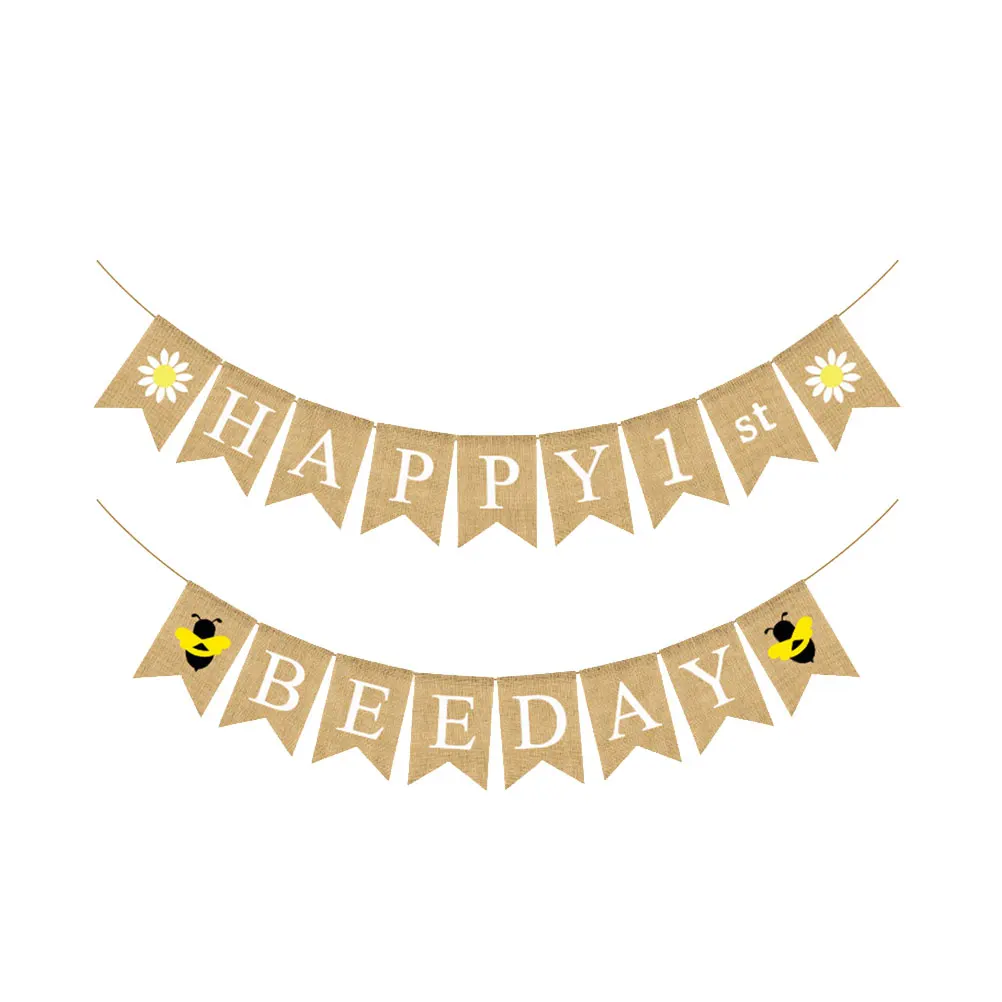 

Theme Burlap Flag Party Decorative Props Bee and Flower Printing Banner Swallowtail Garland Party Bunting