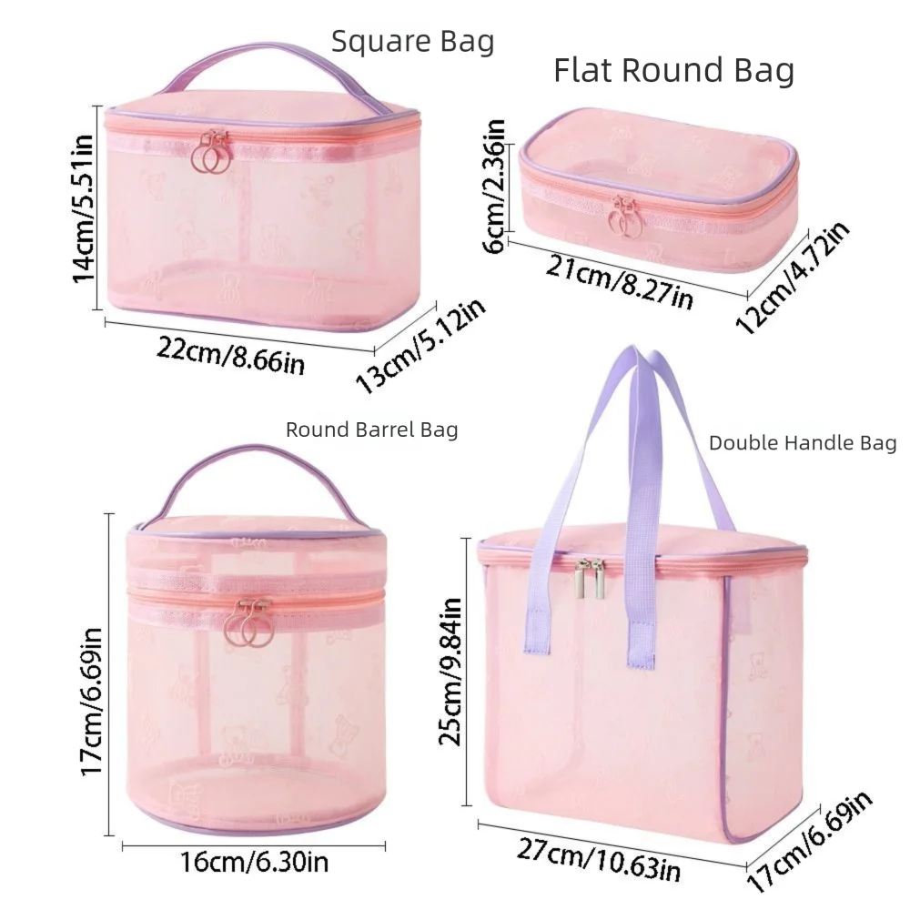 Tas Kosmetik Jaring Kapasitas Besar Ritsleting Kantong Penyimpanan Perlengkapan Mandi Multifungsi dengan Pegangan Tas Rias Perspektif Portabel
