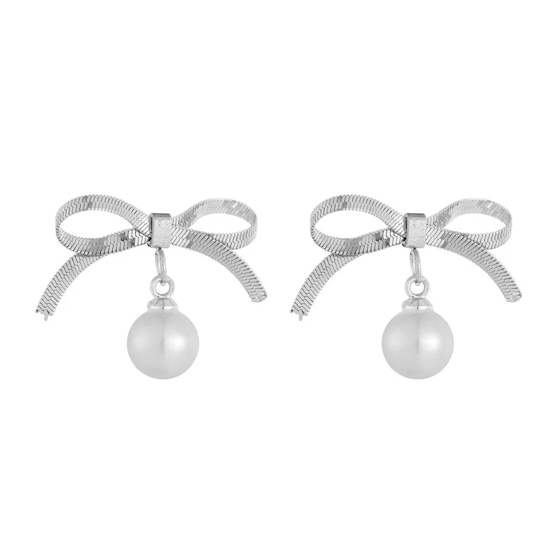 طقم مجوهرات على شكل فيونكة عتيقة من الفولاذ المقاوم للصدأ وقلادة وأقراط من اللؤلؤ، طراز أنيق متعدد الاستخدامات، عصري للنساء