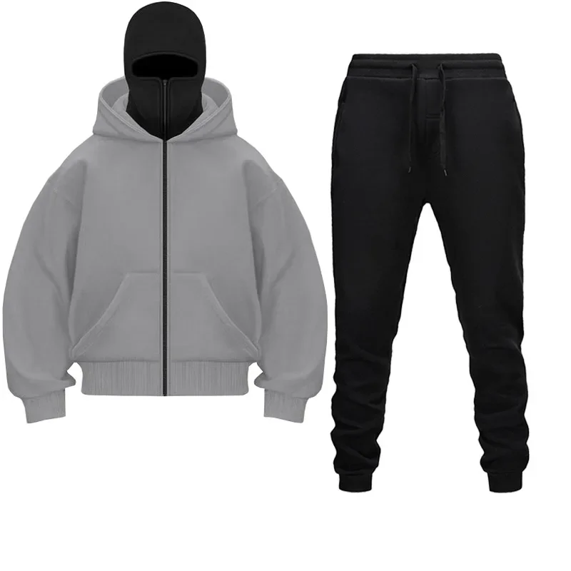 

2024 Autumn/Winter New Men Sports Set Fashion Mask Zipper Double Hat Hoodie Outdoor Hiking and Mountaineering Two Piece Set