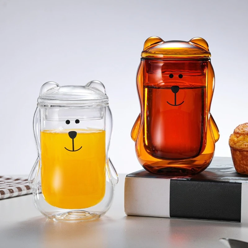 

Creative Cartoon Teddy Bear Double-layer Glass Cup Office Cute with Lid Double-layer Coffee Cup Juice Milk Water Mug