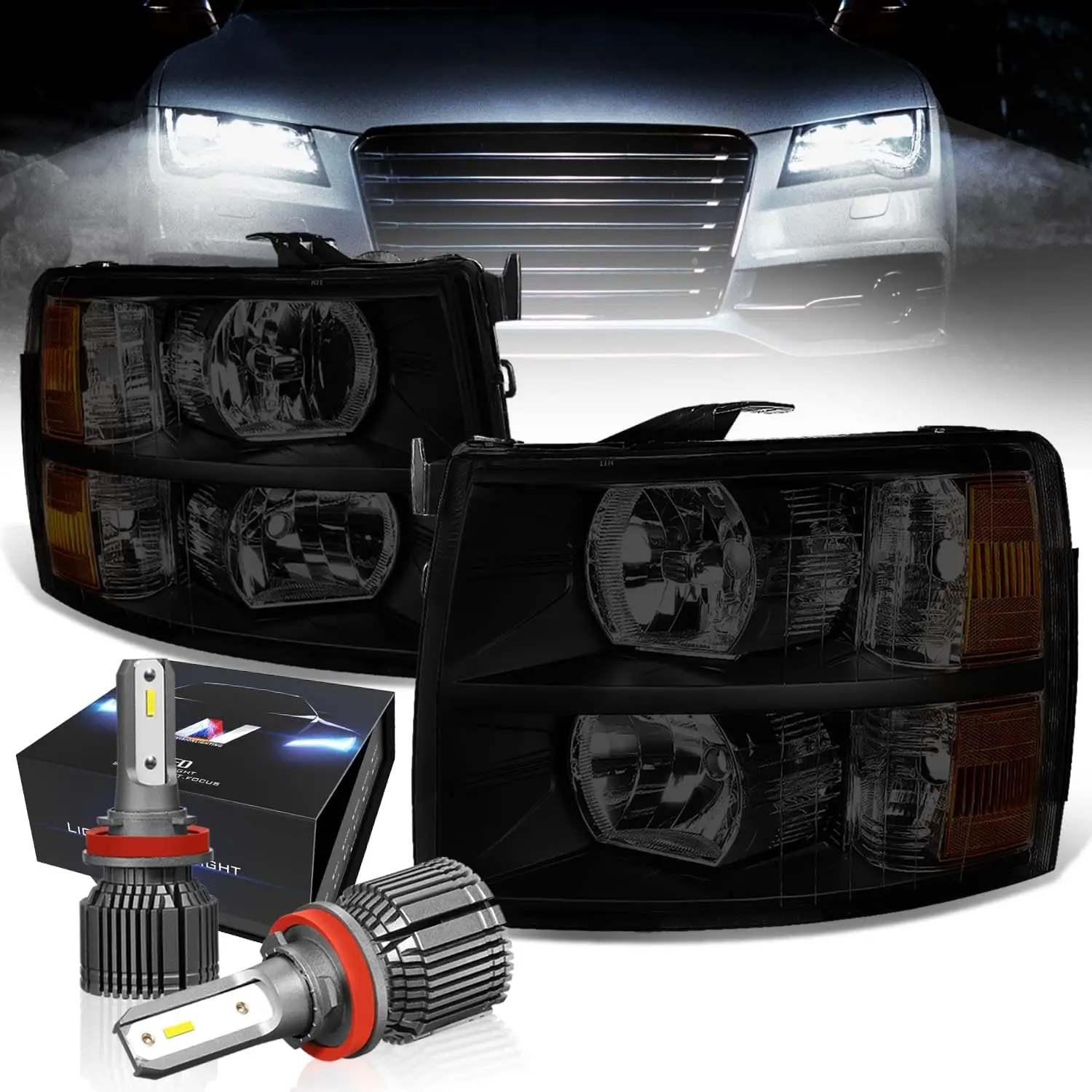 HL-OH-CSIL07-BK-SM-AM-CFS-H8 Black Housing Smoked Lens Amber Reflactor Headlights Compatible with 07-13 Chevy Silve