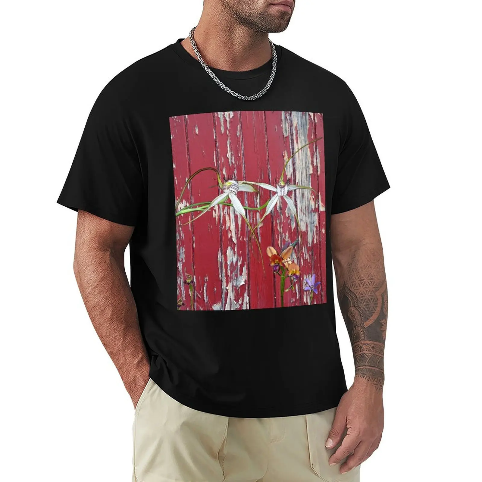 Longicordia Orchid with Red Painted Wall, native orchids of Western Australia. T-Shirt Big and Tall Short Sleeve Tee