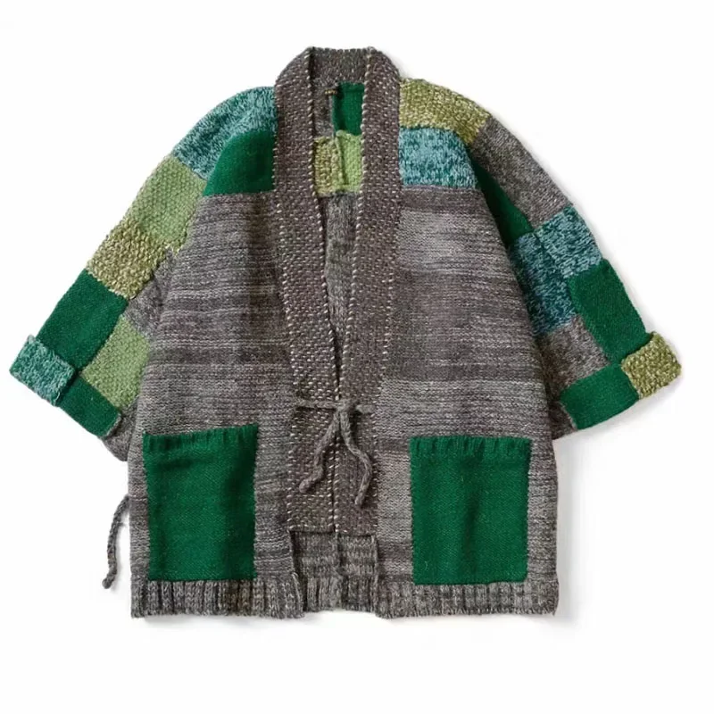 Non Kapital Stitching Knitted Japan Blue V-neck Thickened Loose Cardigan Kimono Long Sleeve Plaid Taoist Robe Annual Jia Brand