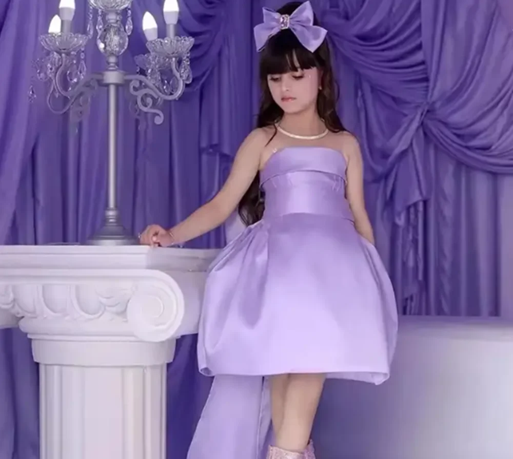 Customized Lavender Flower Girl Dresses For Wedding Satin With Bow Knee Length Simple Princess Birthday Party Formal Events Gown