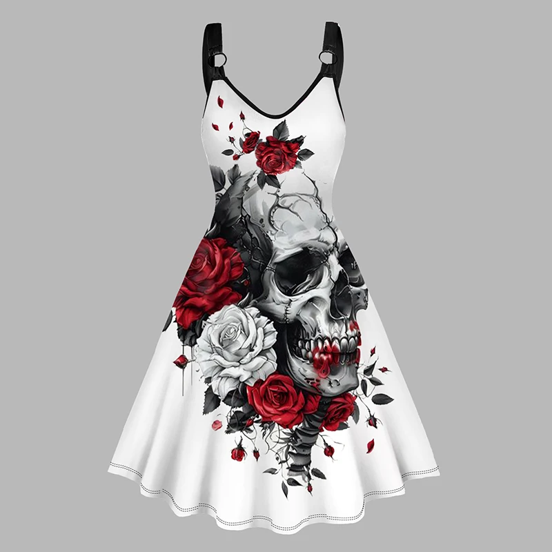 Dressfo Women's Summer Dresses Halloween Rose Injured Skull Print Hem V Neck Dress O Ring Straps Sleeveless A Line Tank Dress