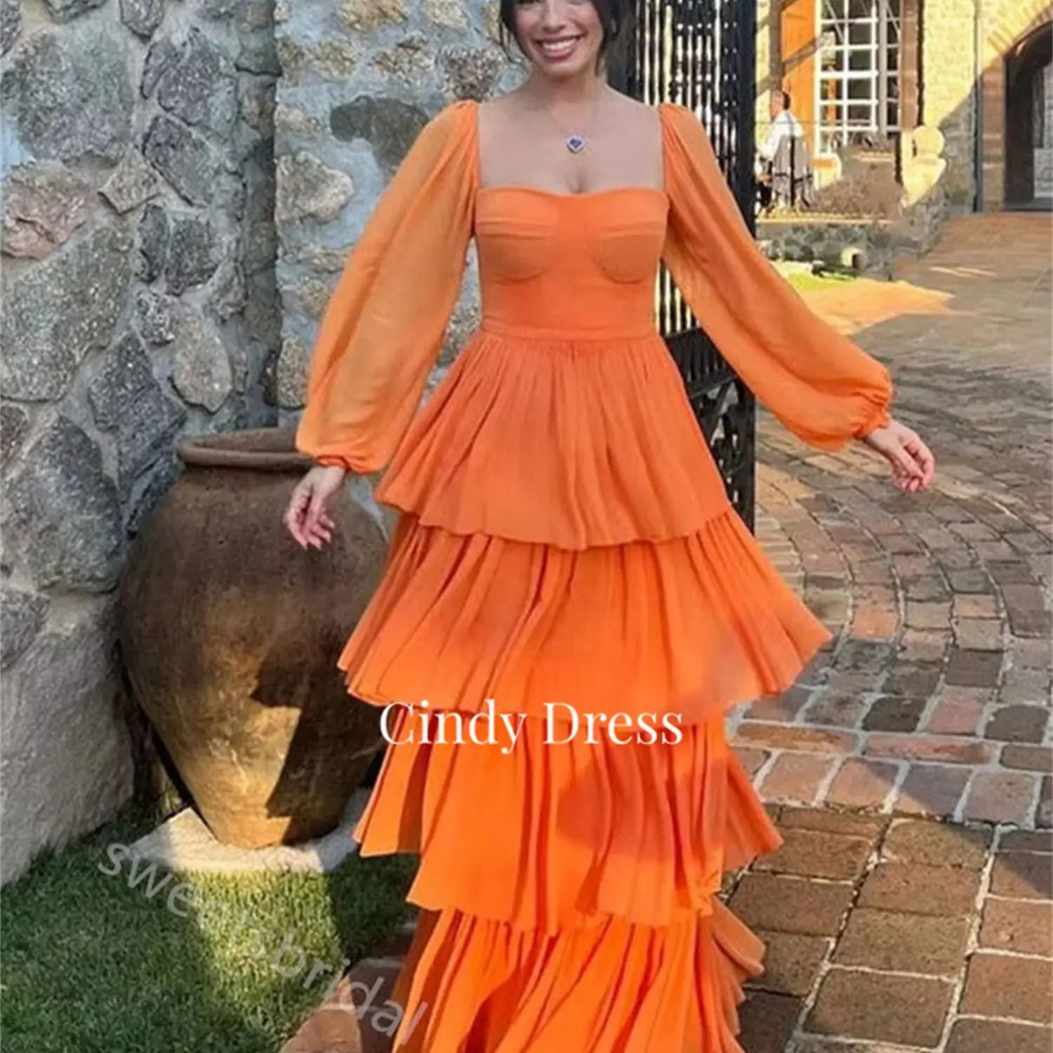 

Cindy Long Sleeves Multi-layer Orange Color Sweetheart Chiffon Elegant Luxury Evening Dress 2024 Graduation Dresses Ball Gowns