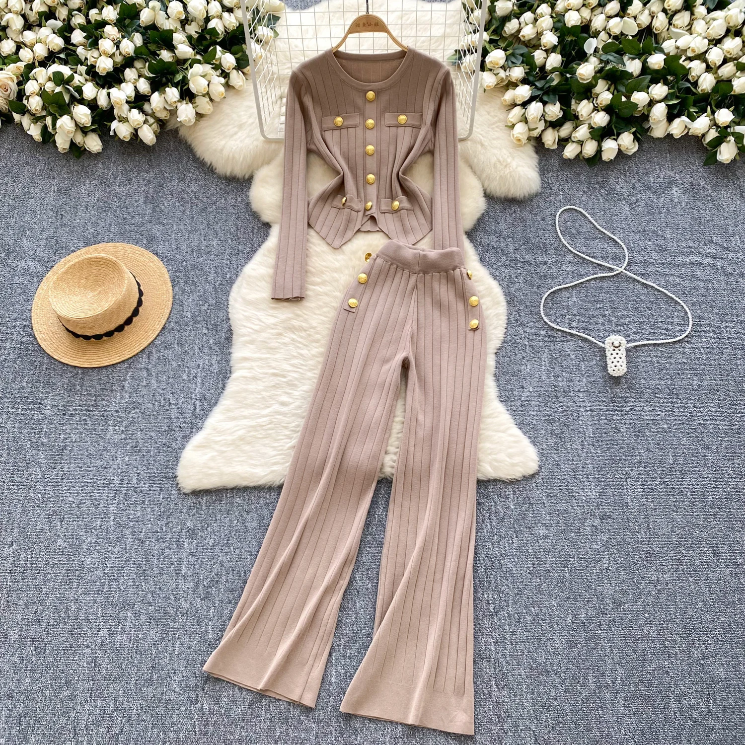 Autumn Elegant Slim Two Pieces Sets Women Metal Buckle O-Neck Sweater High Waist Wide Leg Pants Knitted Sets J414