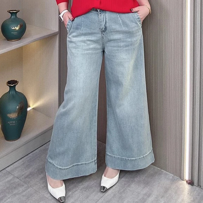 High-Waisted Straight-Leg Jeans For Women, Quality Plus Size Wide-Leg Denim Pants, Spring Loose Fit Retro Trousers