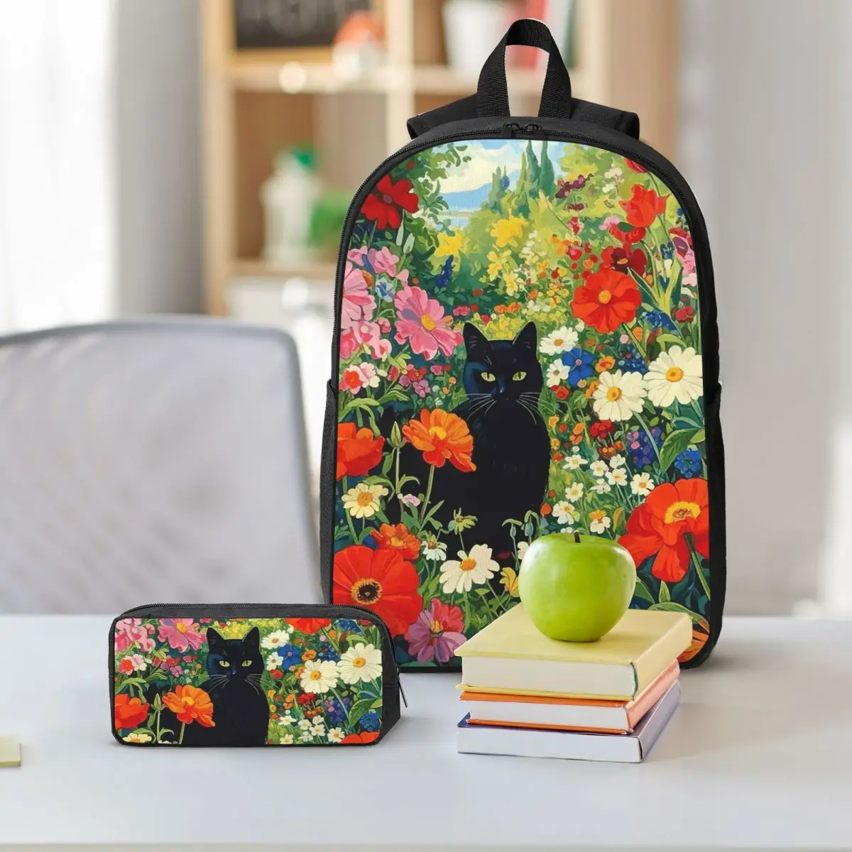 Black Cat In Klimt Flower Garden Backpack Student BookBag School Bag Shoulder Bags 3ps Insulated Lunch Bag Pencil Case