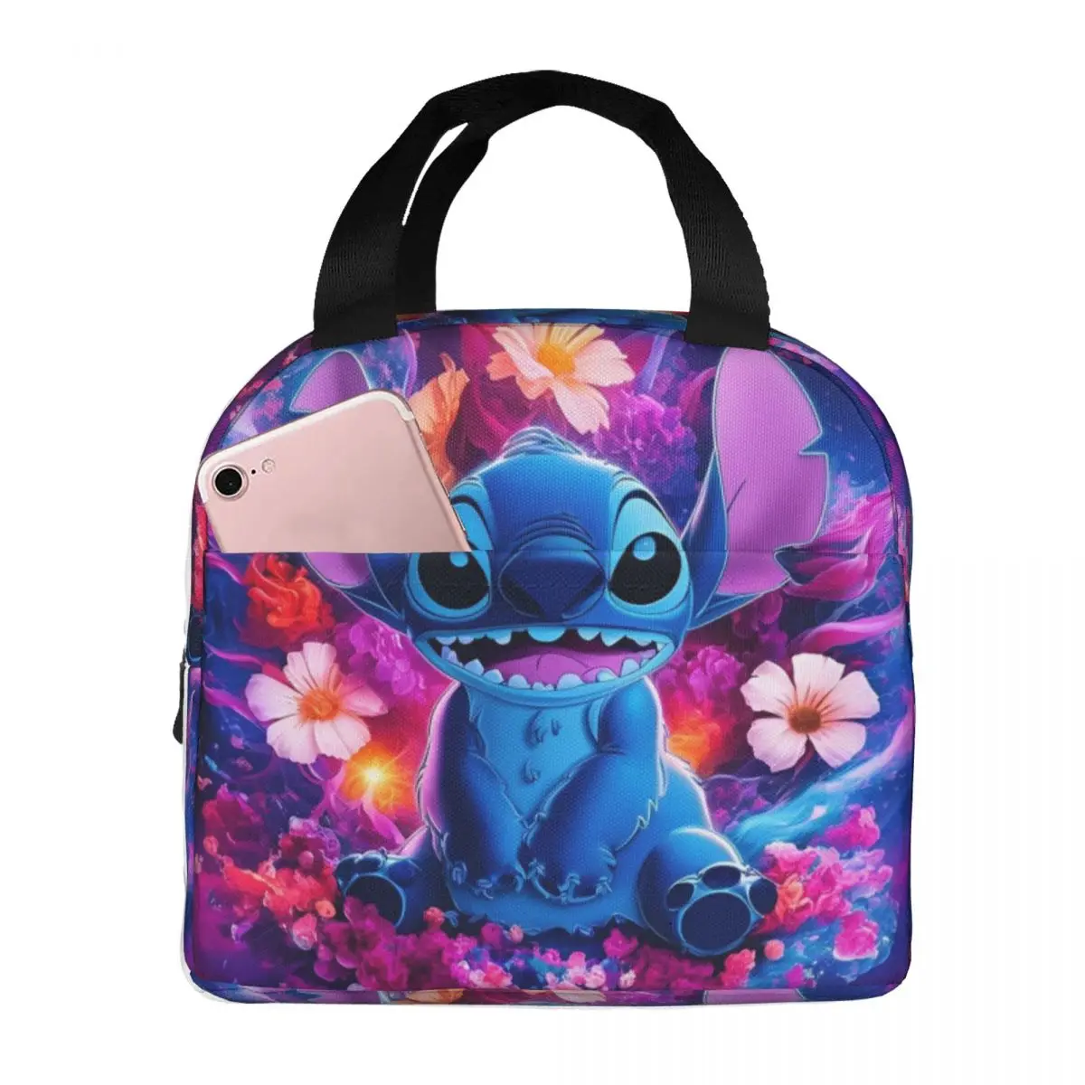 

Stitch Cartoon Flower Lunch Bag Retro Lunch Box Outdoor Picnic Portable Insulated Thermal Lunch Bags Print Cooler Bag