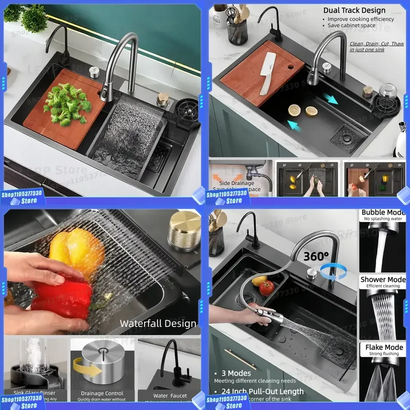 Large Single Bowl Stainless Steel Kitchen Sink Modern Full Waterfall Design With Undermount Rack For Home Renovation Project