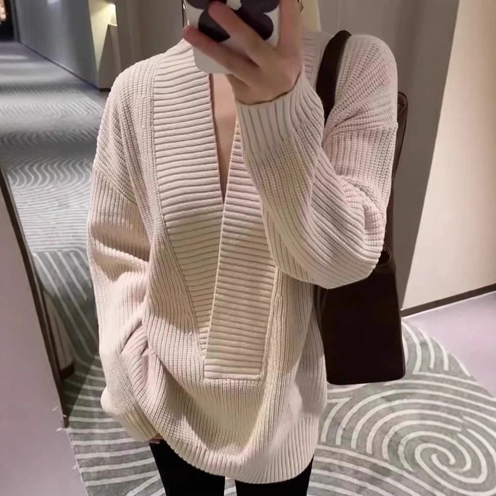 Lazy Style Relaxed V-neck Sweater Women's 2026 Autumn and Winter New Loose Casual Knitted Sweater Long Sleeved Top