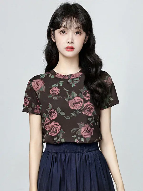 

Summer Floral Print Loose Women's T-Shirt Short Sleeve Design Sensation Style Versatile Casual Comfortable Polyester Fiber