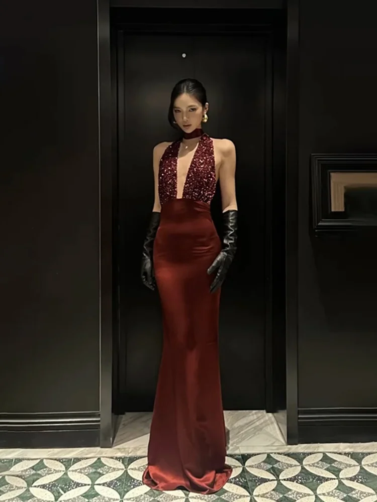 

Новинка! Красное вечернее платье Stazf7 с пайетками, глубоким V-образным вырезом, сексуальное, больших размеров, для осени и зимы, с высокой талией...