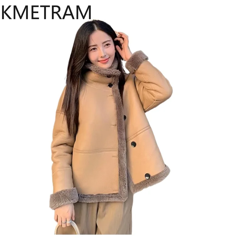 KMETRAM 천연 메리노 양가죽 울 부착 코트 여성용 스탠드 칼라 짧은 리얼 퍼 재킷 2026 겨울 여성 의류