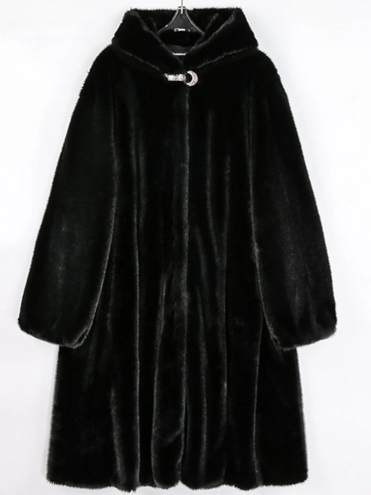 

Nerazzurri Women's Warm Faux Fur Coat Bla Hooded Medium-Length Eco-Friendly Mink Jaet Stand Fit Long Sve Commute Sle