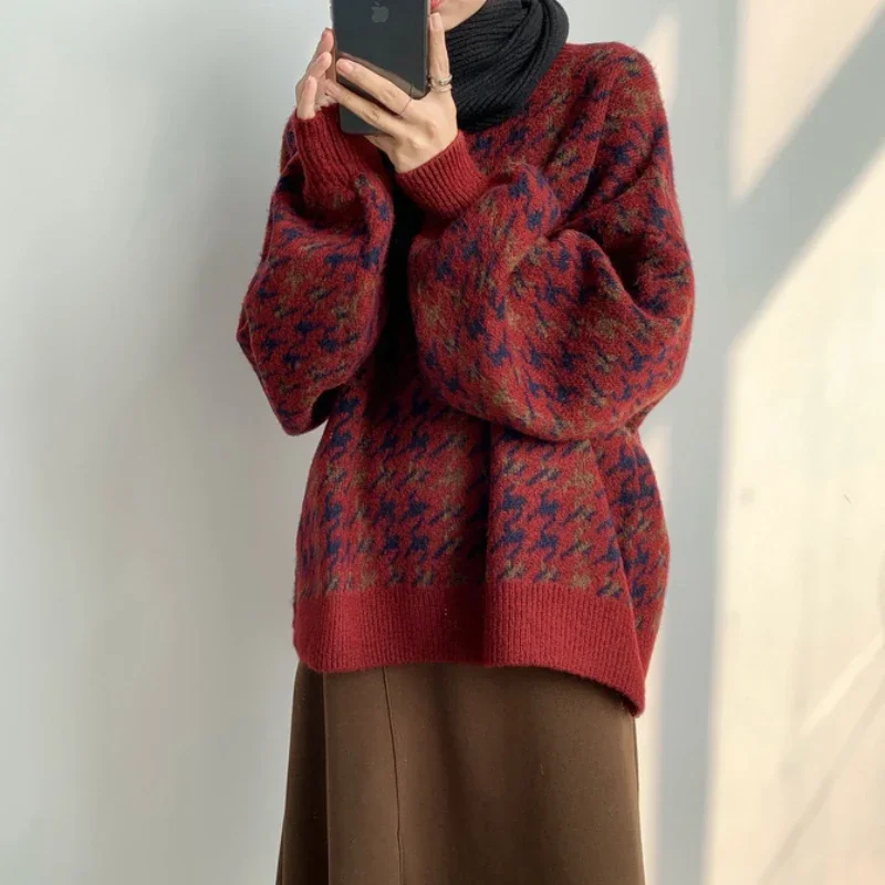 ZOKI Houndstooth Women Pullover Sweater Loose Knitted Vintage Casual O Neck Jumper Winter Red Warm Female Plaid Sweater New