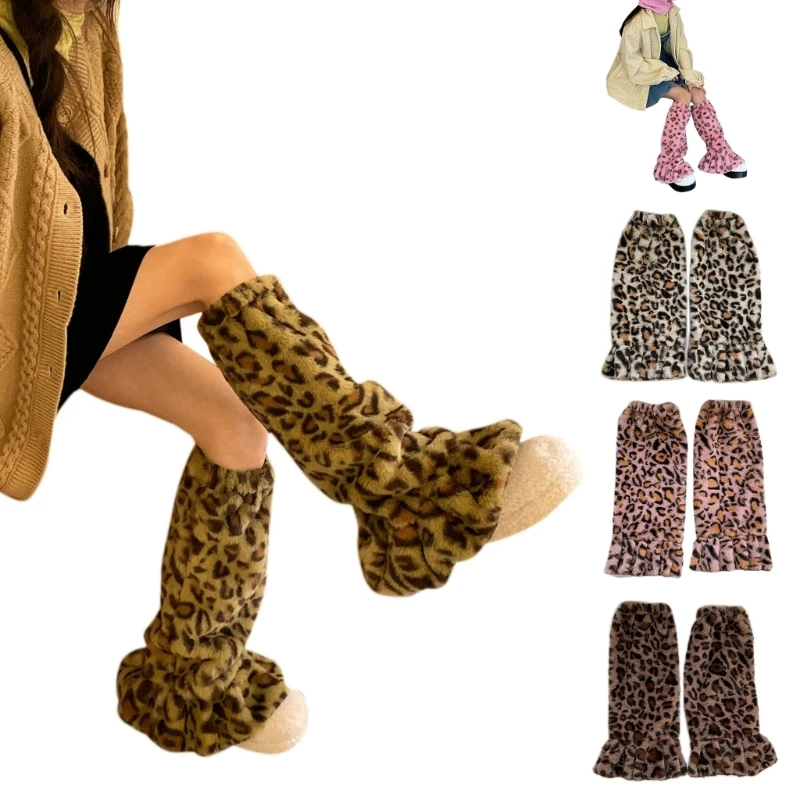 1 Pair Women Leg Warmers Leopard Grain Plush Japanese Style Girls Ruffled Leg Socks Winter Velvet Foot Warmer Socks