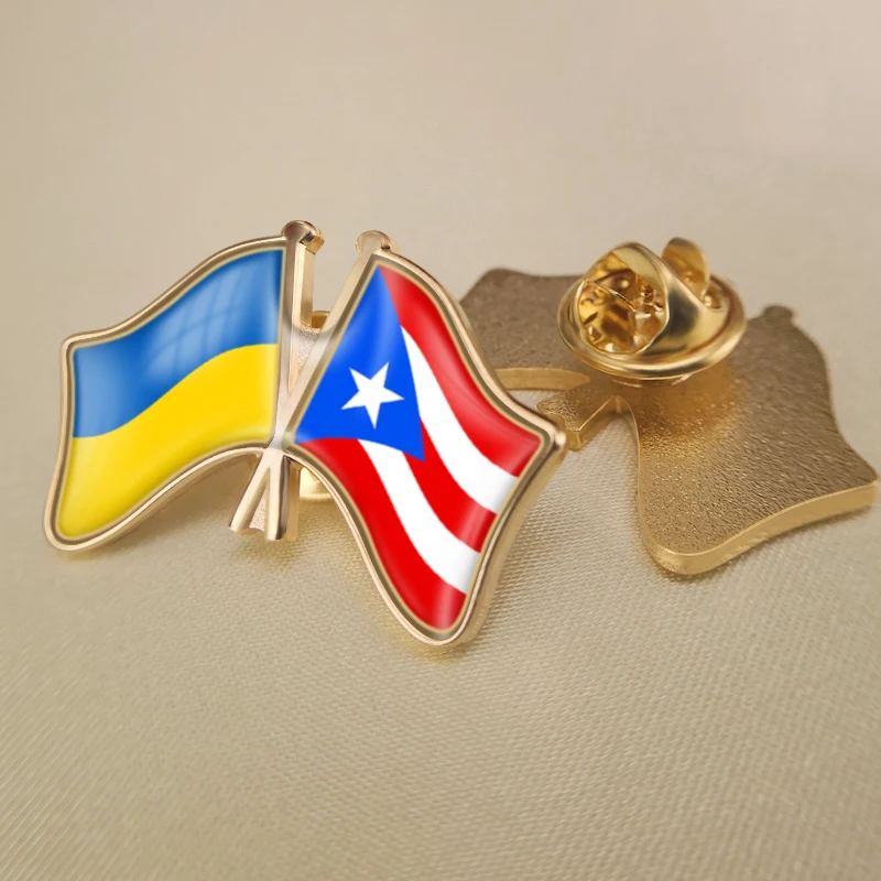 Puerto Rico and Ukraine Crossed Double Friendship Flags Lapel Pins Brooch Badges