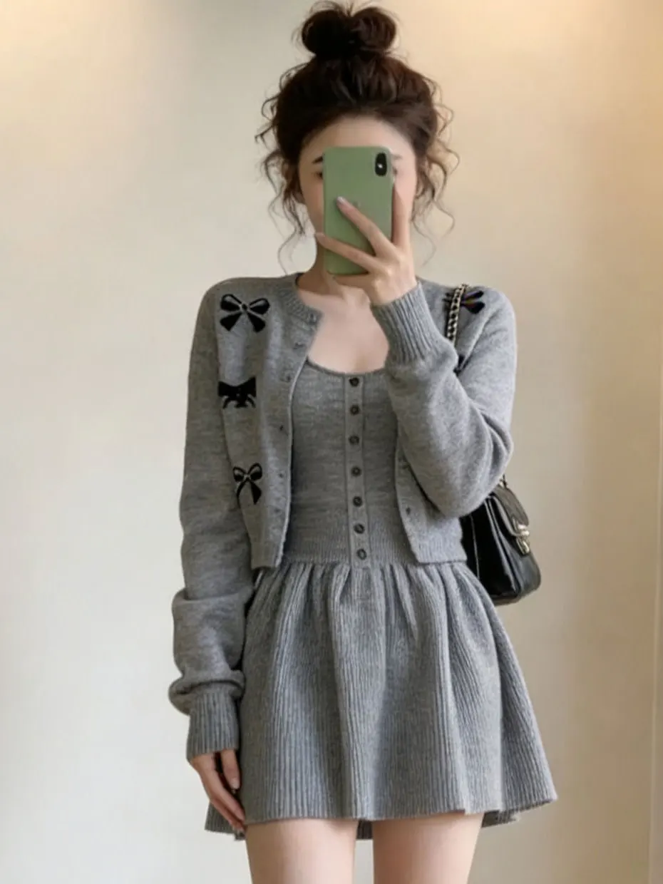 

Stunning Unique Grey Embroidered Knitted Cardigan And Dress Neck Hanging Spring Fashion Set Women's Short Skirt Long Sleeve