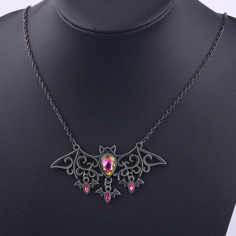 Halloween Vintage Bat Water Drop Crystal Necklaces for Women Gothic Cosplay Party Accessories Gifts