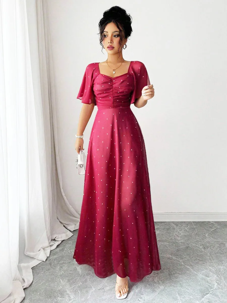 Abito lungo rosso stile francese dolce da donna con stampa a pois, maniche a pipistrello e cerniera posteriore