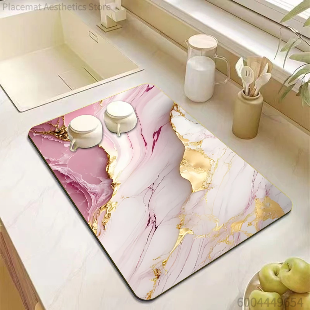 Marble Kitchen Dish Drainer Mat, Antiskid Quick Dry Absorbent Mat, Coffee Maker Drain Pad & Tableware Placemat