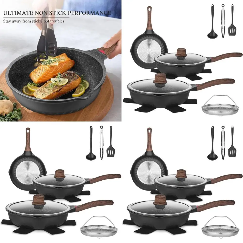 

Набор посуды с антипригарным покрытием из 12 предметов, готовыми к индукционным покрытием, прохладными ручками, крышками и силиконовой посудой — PFAS/PFOA бесплатно