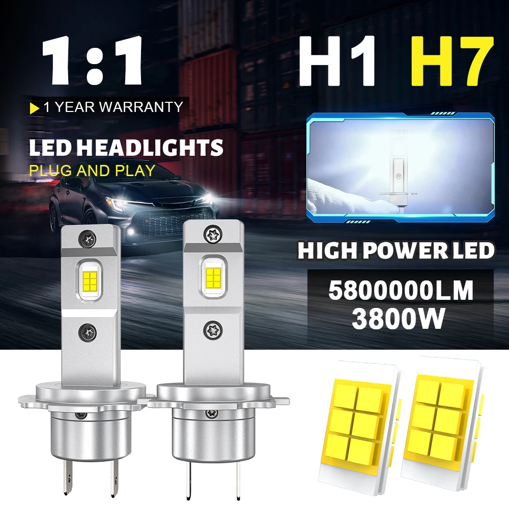 

H1 H7 LED Headlight Bulb for Car High Power Auto Lights 3800W 6000K 1:1 Mini Size Fanless Focus Automobile Headlamp Fog Lamp 12V