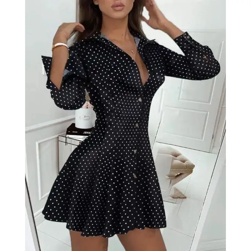 Vintage Dot Print Plissee Kleid Frauen Langarm Drehen Unten Kragen Elegante Mini Kleid Damen Casual Büro Kurzes Kleid