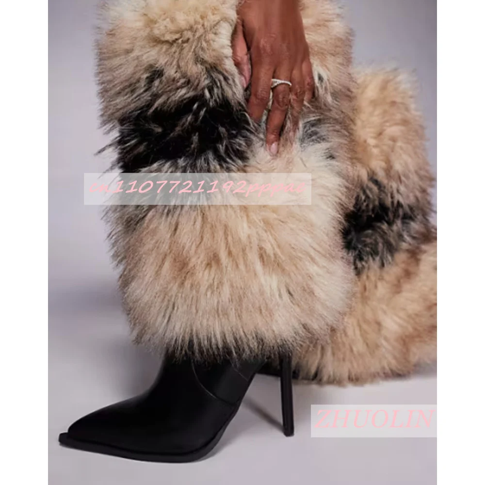 

Женские черные прямые ботинки на пушистом меху, зимние ботинки на шпильке с острым носком, модные ботильоны для вечеринок, T-Stage Show, большой размер