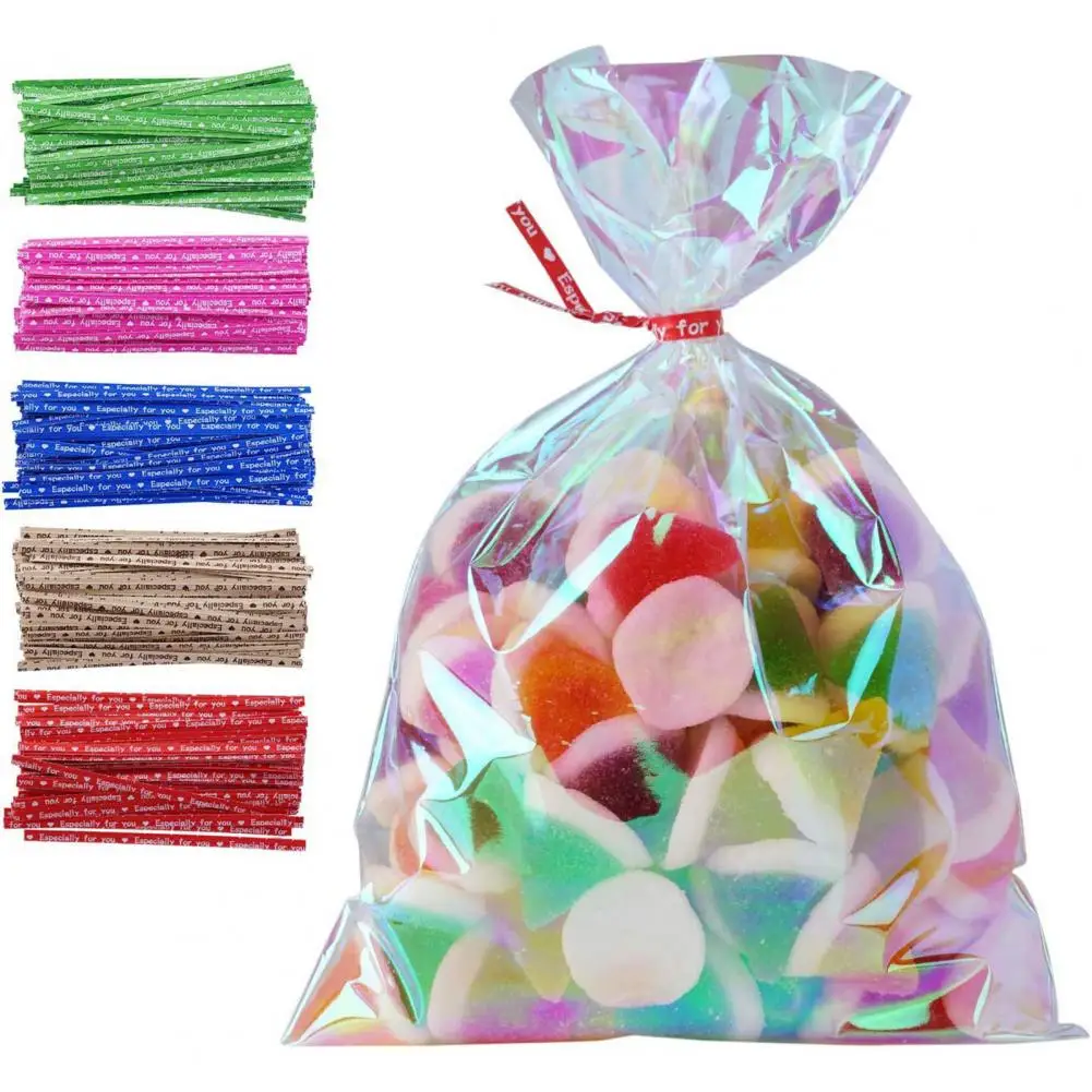 100 Pcs Candy Bags Iridescent Sparkly Candy Bag with Twist Ties for Cookies Candy Treats Halloween Christmas Gift Bags