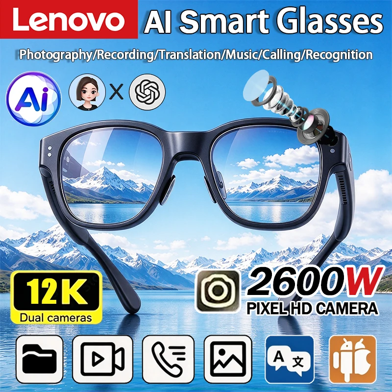 Lenovo 12K Smart AI Glasses 2600MP Translation Bluetooth Conversation Recording Listening To Music Insert Cards Smart Sunglasses